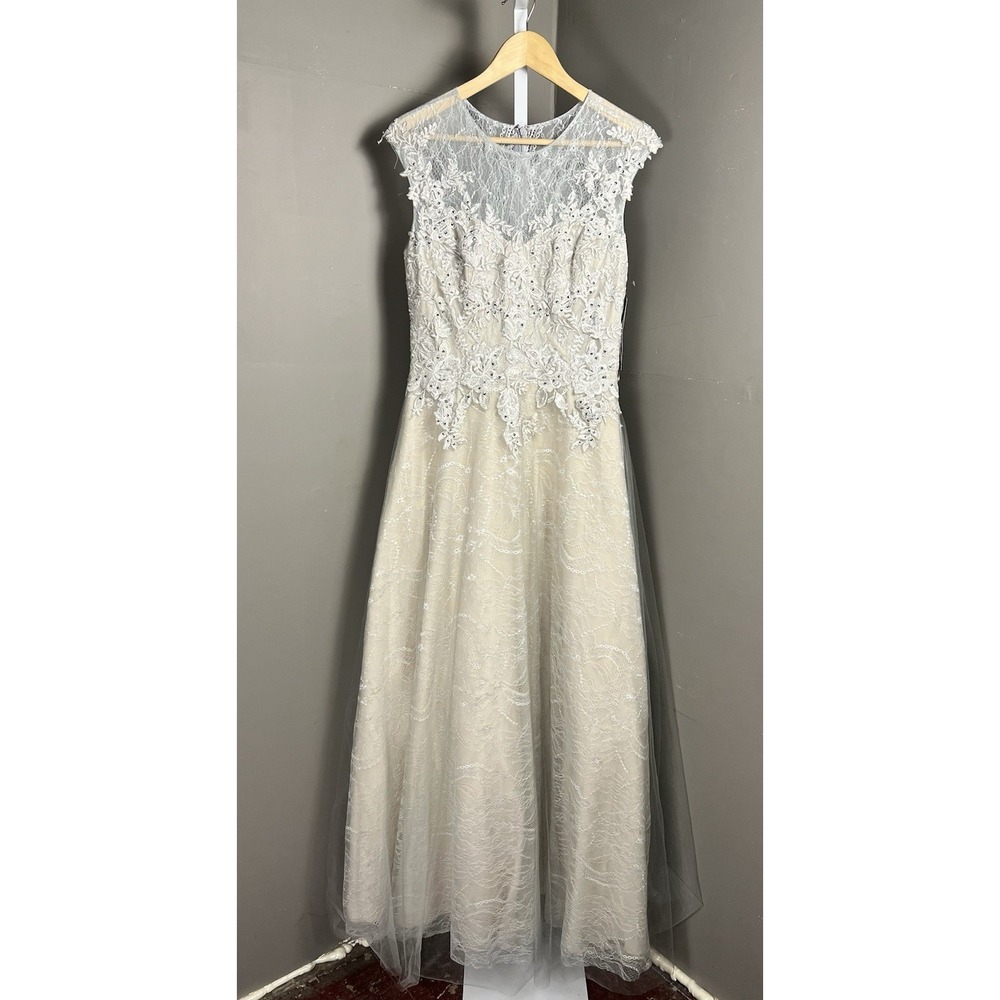 Basix Black Label Illusion Bodice Silver Lace Wedding Dress Gown A-Line NWT 12
